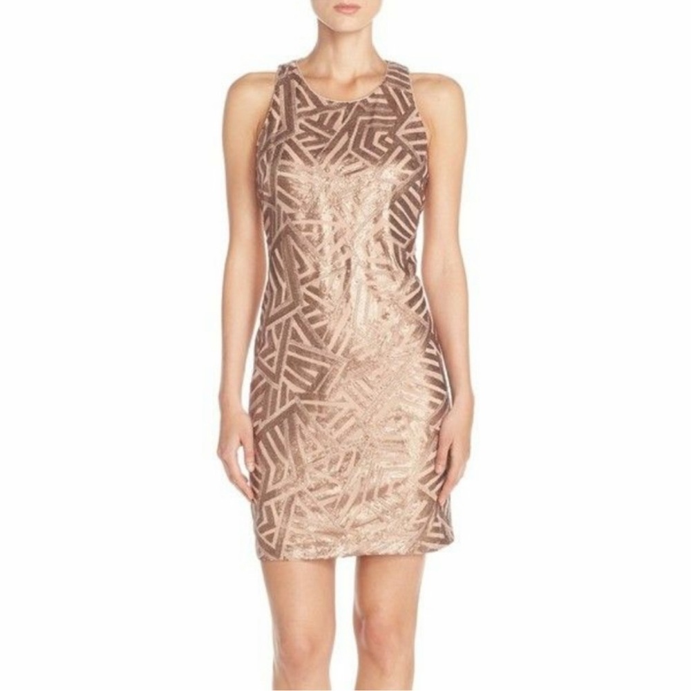 Vince Camuto Rose Gold Sleeveless Metallic Sequin Shift Mini Dress 16